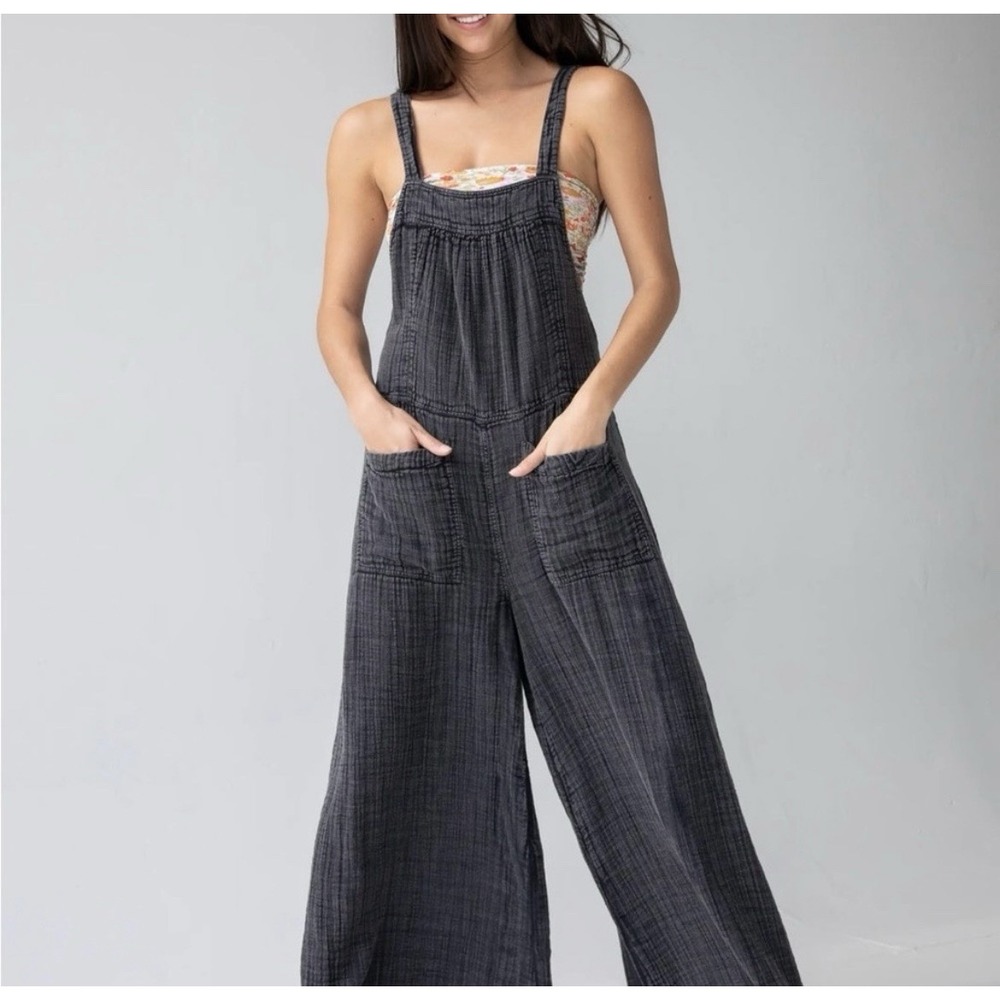 Natural Life Dakota Cotton Tie Overalls Sz M Grey Wide Leg Boho Crushed Cotton